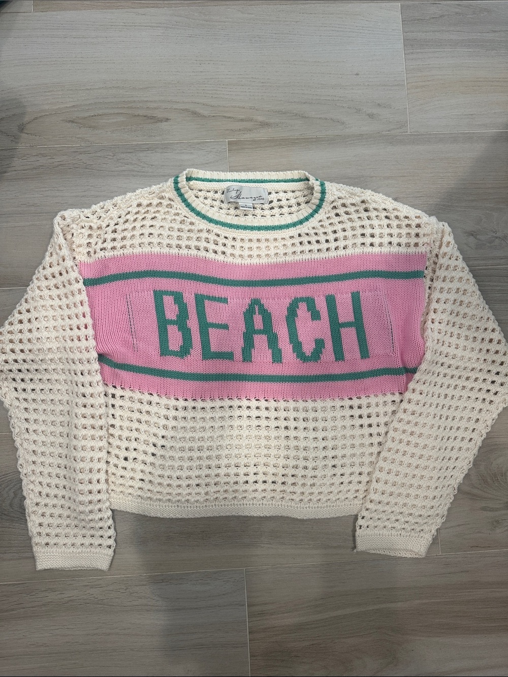 Vintage Havana Cream Open-Knit Sweater with Pink and Green Stripes